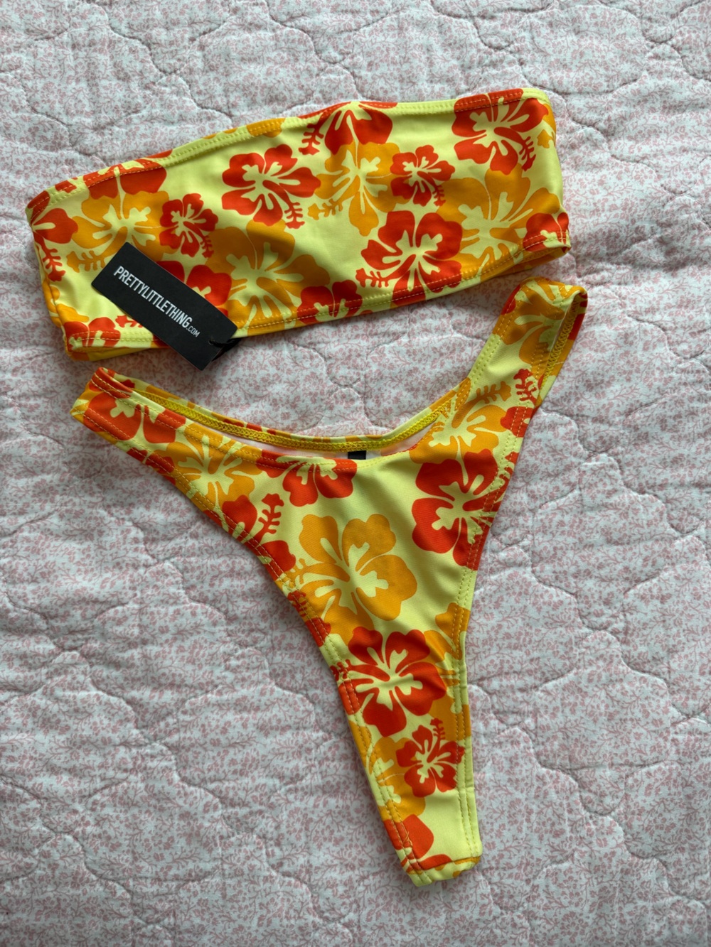 PrettyLittleThing Yellow Bikini with Orange Floral Print SET (two piece)